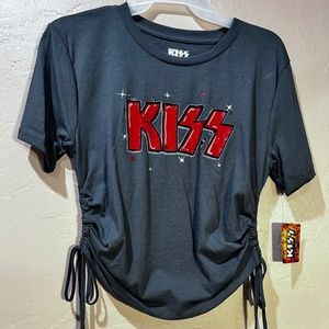 KISS Graphic Tee Shirt Cropped Cinched Sides with Ties LARGE Metal Grey/Red